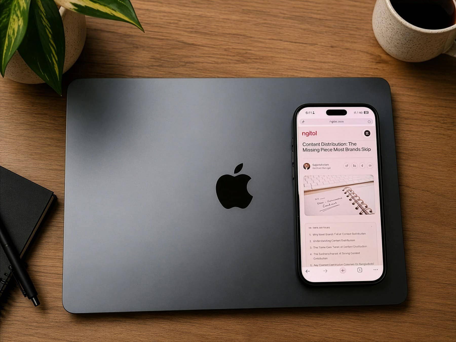 Un ordinateur portable et une tasse de café sur un bureau en bois